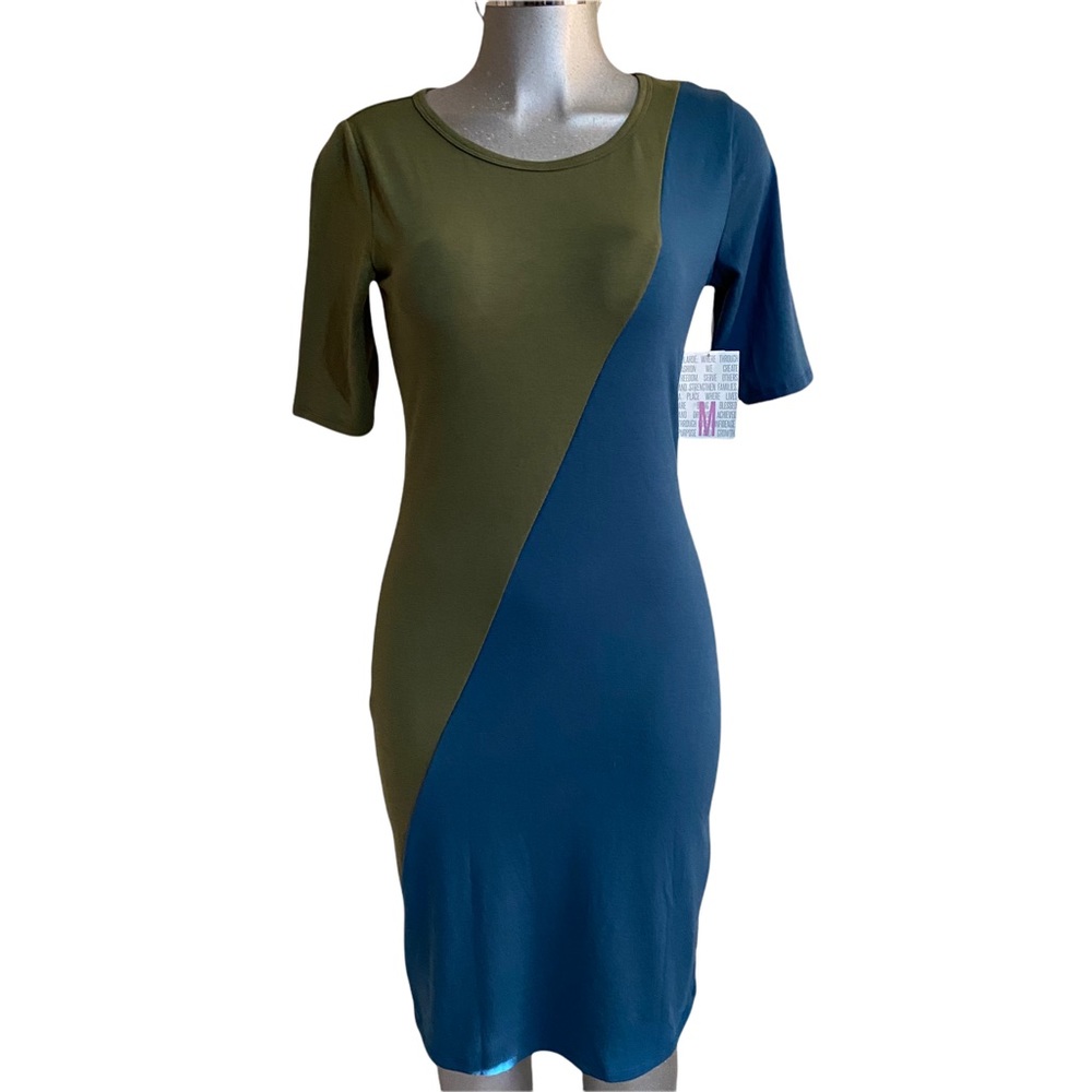 LulaRoe Julia Pencil Midi Dress Colorblock Fitted Sz Medium Stretch Smart Casual